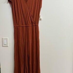 Amazon Women's Rust Wrap Jumpsuit Dress - Casual V-Neck size S